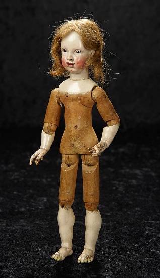 Rare Early All-Carved Wooden Doll with Most Expressive Face and Fine Early Costume 2500/3500