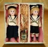 Pair, German Bisque Dolls in Original Mariner Costumes in Presentation Box 800/1200