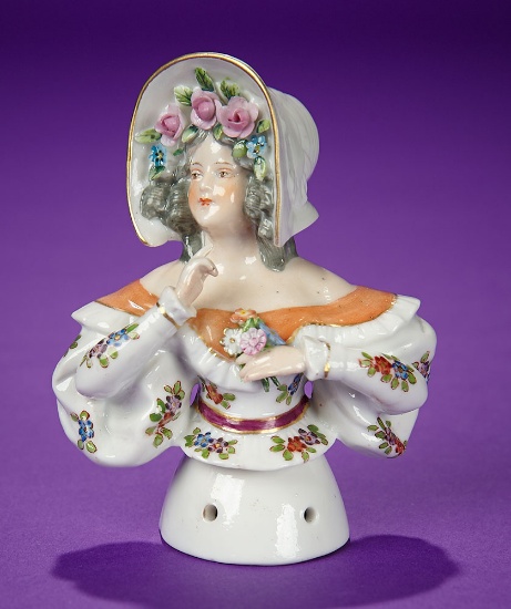 German Porcelain Half-Doll "Young Lady with Neopolitan Bonnet" by Ernst Bohne & Sohne 400/600