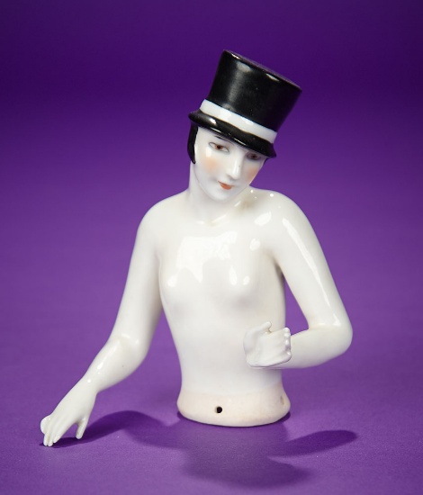 German Porcelain Half-Doll "Flapper in Top Hat" 300/500