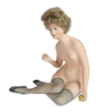 Large German Bisque Seated Bathing Beauty with Grey Stockings and Rose 400/600