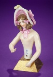 German Porcelain Half-Doll with Lavish Ribboned Bonnet by Dressel & Kister 400/500