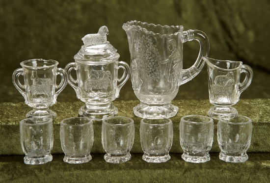 Doll's glassware set with rare animal and children designs, 4 1/2" pitcher. $300/500