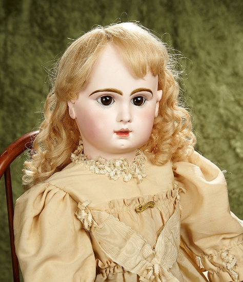 32" Beautiful French bisque brown-eyed bebe by Emile Jumeau, size 15, signed shoes. $4500/5500
