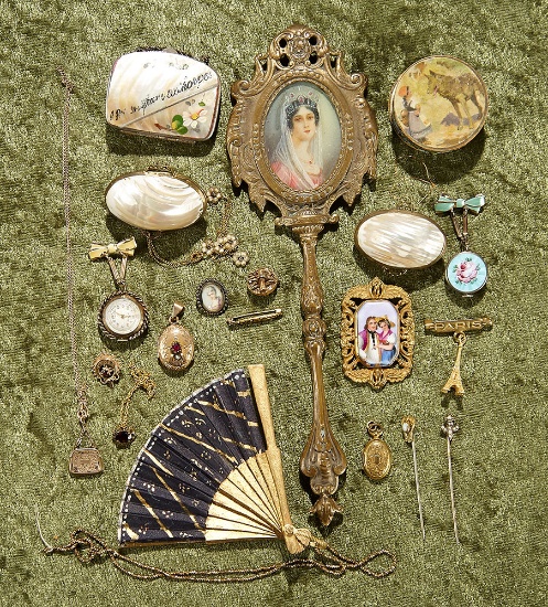 Collection of accessories, jewelry  and ephemera for French bebes. $500/750