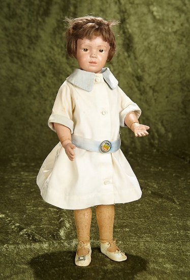 16" American wooden brown-eyed girl, intaglio eyes by Schoenhut, original dress, shoes. $600/900
