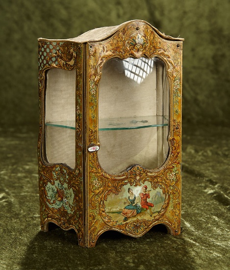 10" French miniature vitrine with painted tole romantic designs, original paper labels.  $500/750