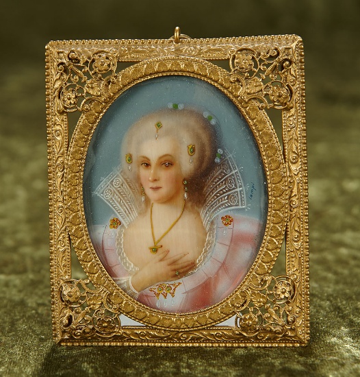 4" x 3" Early miniature portrait of lady with elegant jewelry in original frame. $400/600