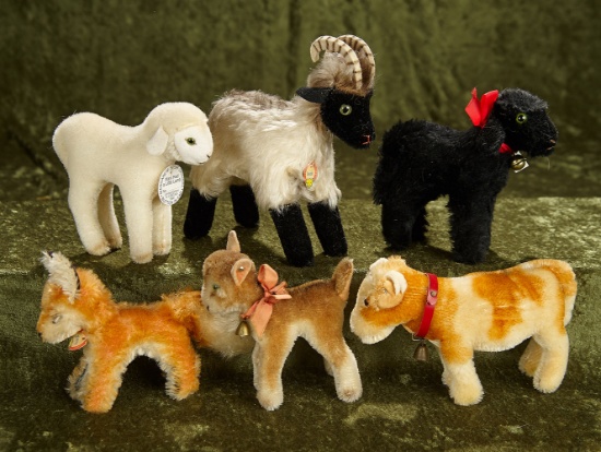 4"-6" Six miniature mohair animals by Steiff. $200/400