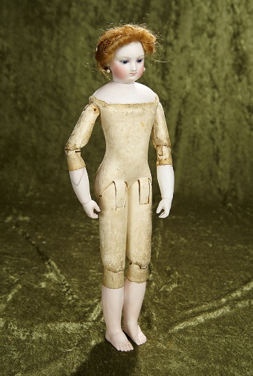 18" French bisque poupee with rare kid-over-wooden body, bisque lower limbs. $2400/2800