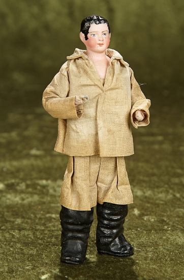 8" French bisque boy with sculpted black hair and sideburns by Gaultier, original costume. $400/500