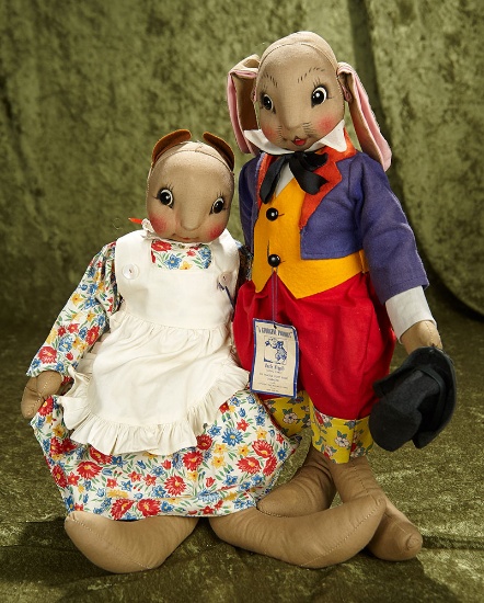 19" Pair, American Cloth Characters, Uncle Wiggily and Nurse Jane, by Georgene Averill. $400/500
