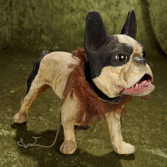 17" Wonderful French paper mache bulldog with large glass eyes, working growler. $2300/2800