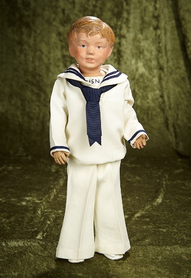 16" Rare American  wooden doll by Schoenhut, smiling expression, tousled carved hair. $800/1200