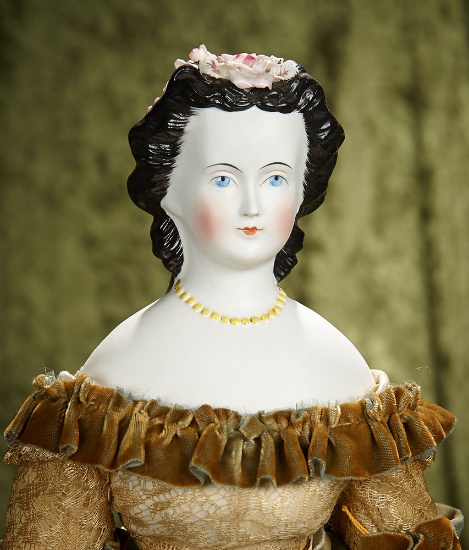23" German bisque doll black sculpted hair, Dresden floral coronet rare yellow necklace. $600/900