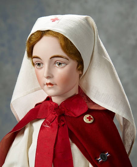 Important French Bisque Art Character Lady, Original Costume of WWI Red Cross Nurse 8500/11,000