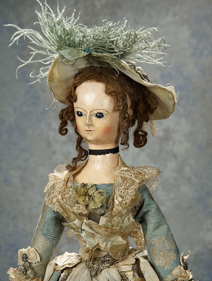 Grand Mid-1700s English Wooden Doll in Original Costume Known as "Miss Timber" 35,000/45,000