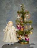 Wonderful Miniature Holiday Feather Tree with German Bisque Doll 500/700