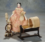 German Porcelain Doll with Wooden Articulated Body, Early Cradle and Spinning Wheel 800/1200
