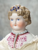 German Bisque Lady Doll with Rare Sculpted Bodice and Brown Hair 800/1200