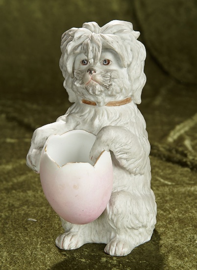 9" German all-bisque fluffy white dog as candy container by Gebruder Heubach. $300/400