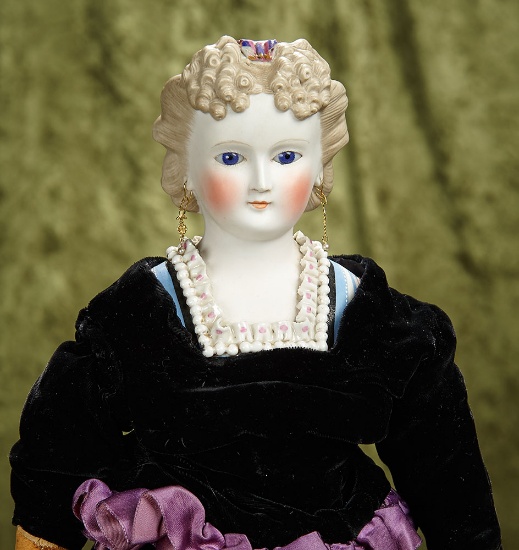 20" German bisque lady doll with rare brown hair, glass eyes, Dresden decorations. $600/800