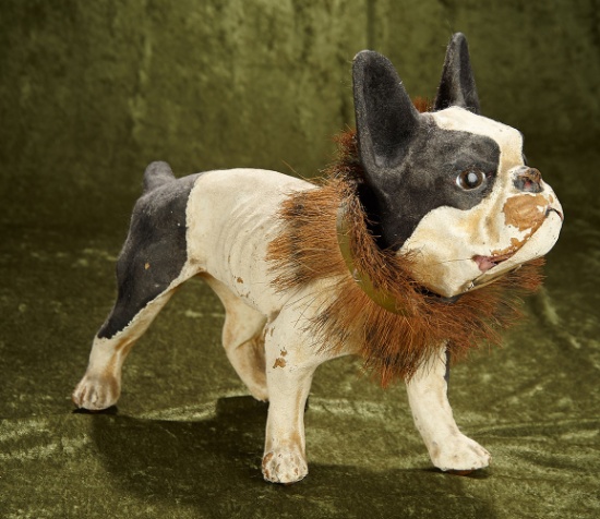 18" French nodding head paper mache bull dog, hinged jaw, growler, wooden wheels. $1200/1500