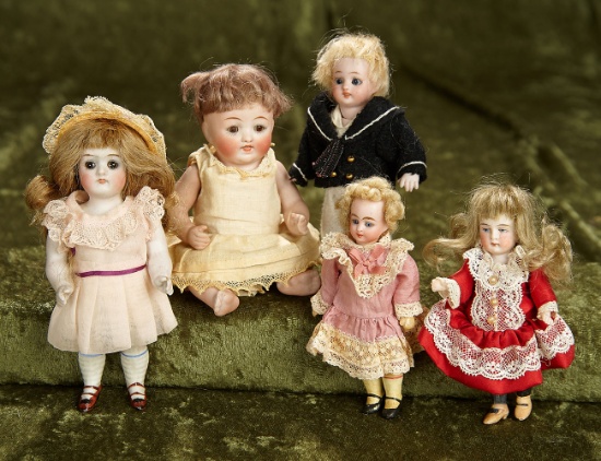 Five miniature German bisque dolls, 4"-6". $400/500