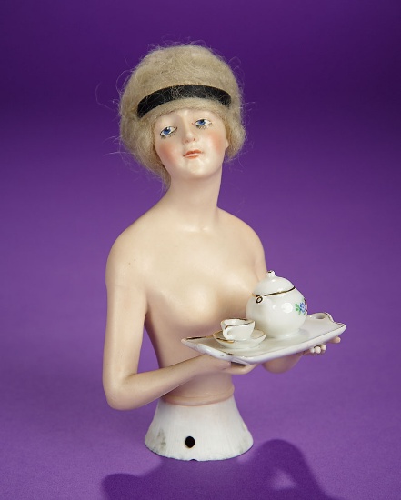 German Bisque Half-Doll "Wigged Lady with Cocoa Pot" by Goebel 300/500