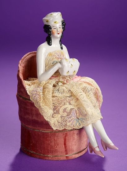 German Porcelain Half-Doll in Rare Costume on Nina Ricci Powder Box 700/900