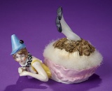 German Porcelain Powder Puff Figure with Blue Party Hat 300/400