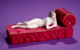 German Porcelain Bathing Beauty on Red Satin Recamier 300/400