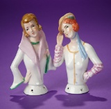 Pair, German Porcelain Highly-Stylized Flapper Half-Dolls  300/500