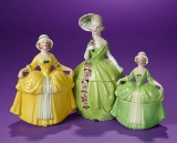 Trio of German Porcelain Ladies in Formal Gowns as Powder Jars 300/500