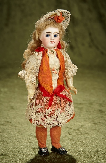 10" Petite French bisque closed mouth bebe by Denamur in original store costume. $600/900
