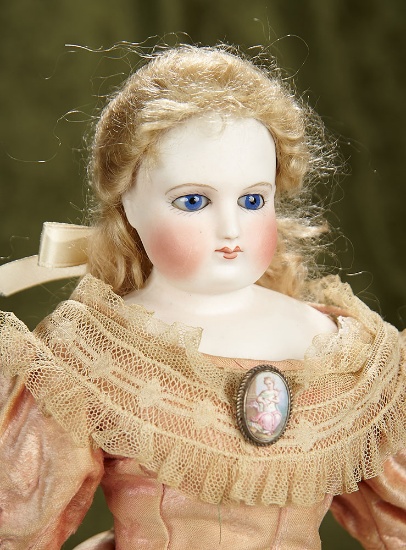 15" French Bisque Poupee with Cobalt Blue Eyes and Bisque Forearms. $2100/2800