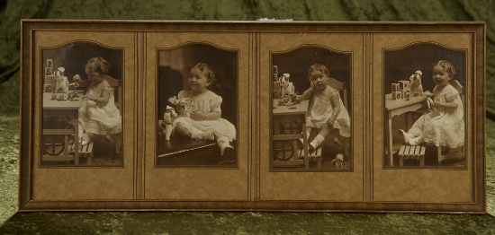 21" x 9" Vintage framed sepia photographs of little girl with her dolls. $200/400