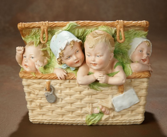 German Bisque Box "Four Children Hiding in Wicker Basket" Gebruder Heubach, Large Size 500/700