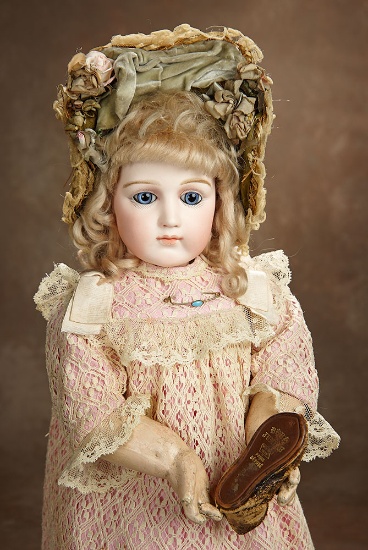 Very Beautiful French Bisque Portrait Bebe Jumeau in Lovely Costume and Signed Shoes 7000/9000