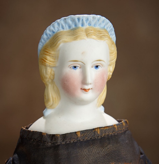 German Bisque Lady Doll with Blue Ruffled Coronet and Black Snood 500/700