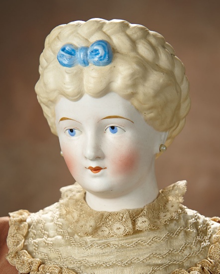 German Bisque Lady Doll With Sculpted Hair and Blue Bow 600/800