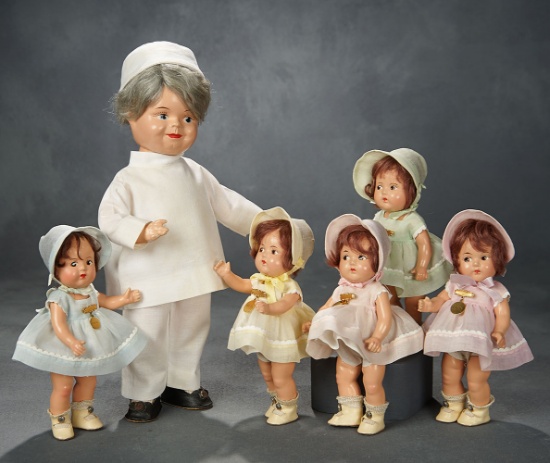 Set, "Dionne Quintuplets" Toddlers in Pastel Dresses and Bonnets, 1936 500/700