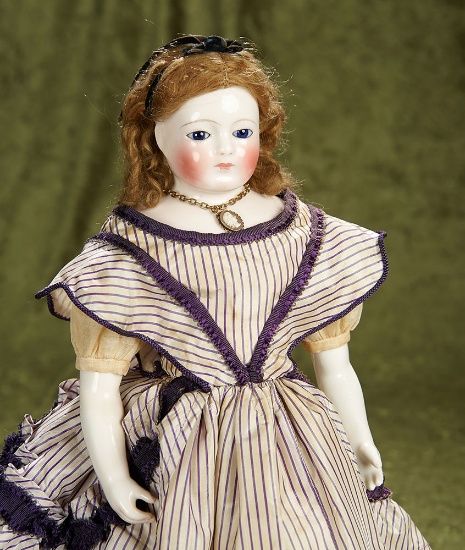 17" French porcelain poupee with rare porcelain arms to above the elbows. $2500/2900