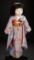 Japanese Ichimatsu Child Doll in Unusual Grey Crepe Kimono with Fan Design 400/500