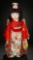 Japanese Ichimatsu Child Doll in Vibrant Bird and Floral Kimono, Distinctive Coiffure 400/600