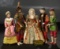 Five Bisque Miniature Theatre Dolls in Original Lavish Costumes 700/900