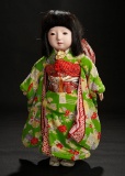 Japanese Ichimatsu Child Doll with Unusual Green Silk Crepe Kimono 400/500