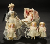 German Bisque Dollhouse Nanny with Four Children and Stroller 500/800