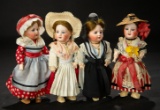 Four French Bisque Miniature Dolls in Original Traditional Folklore Costumes 800/1100