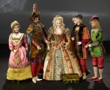 Five Bisque Miniature Theatre Dolls in Original Lavish Costumes 700/900